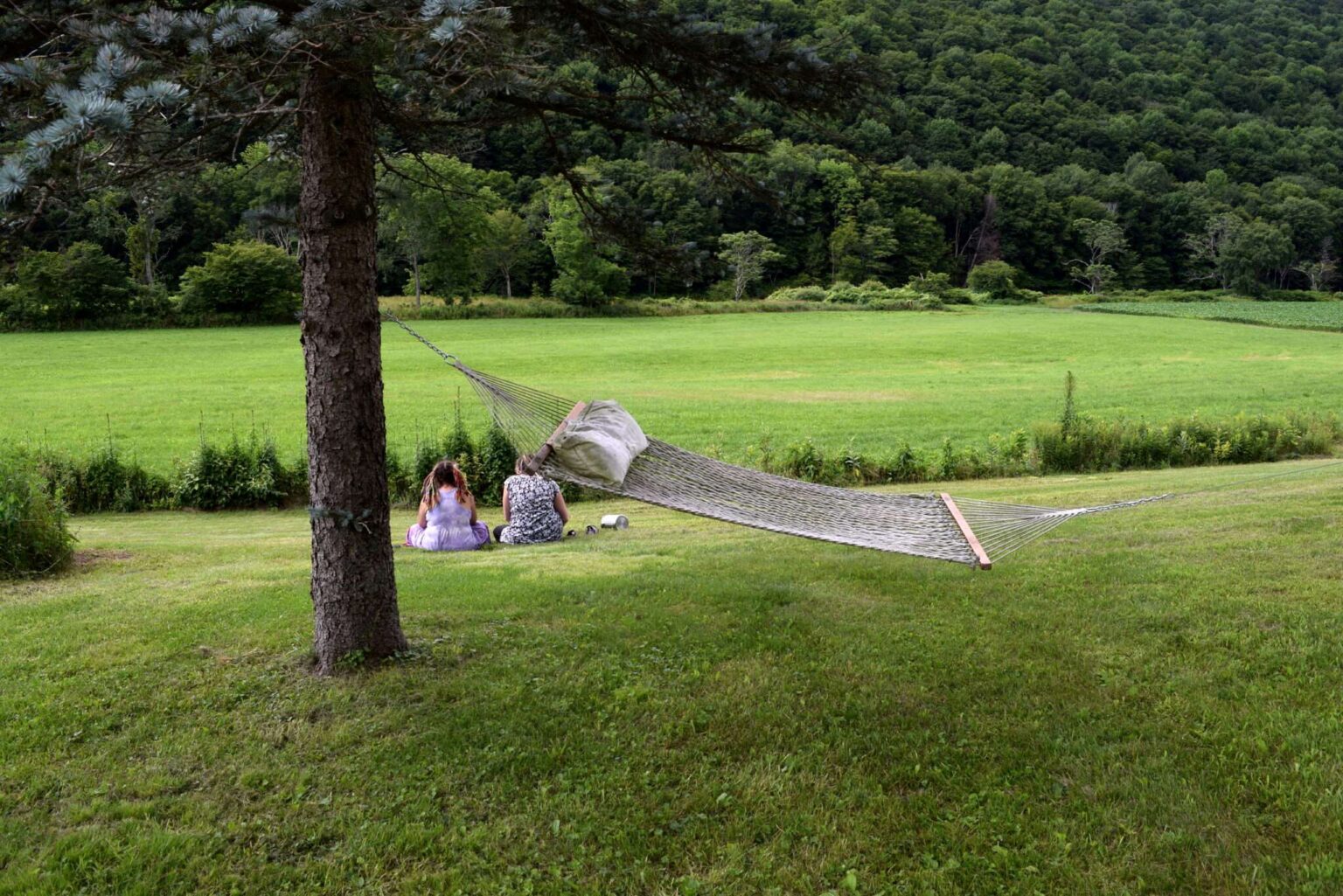 Photo of a hammock with two people sitting behind it with their backs to the camera.