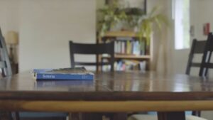 Photo of a book called "Soteria" on a dining room table. The book is the only thing in focus, the background has chairs and a bookshelf with plants.