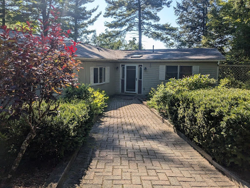 cobblestone road walkway leading to a house with shrubs lining the walkway